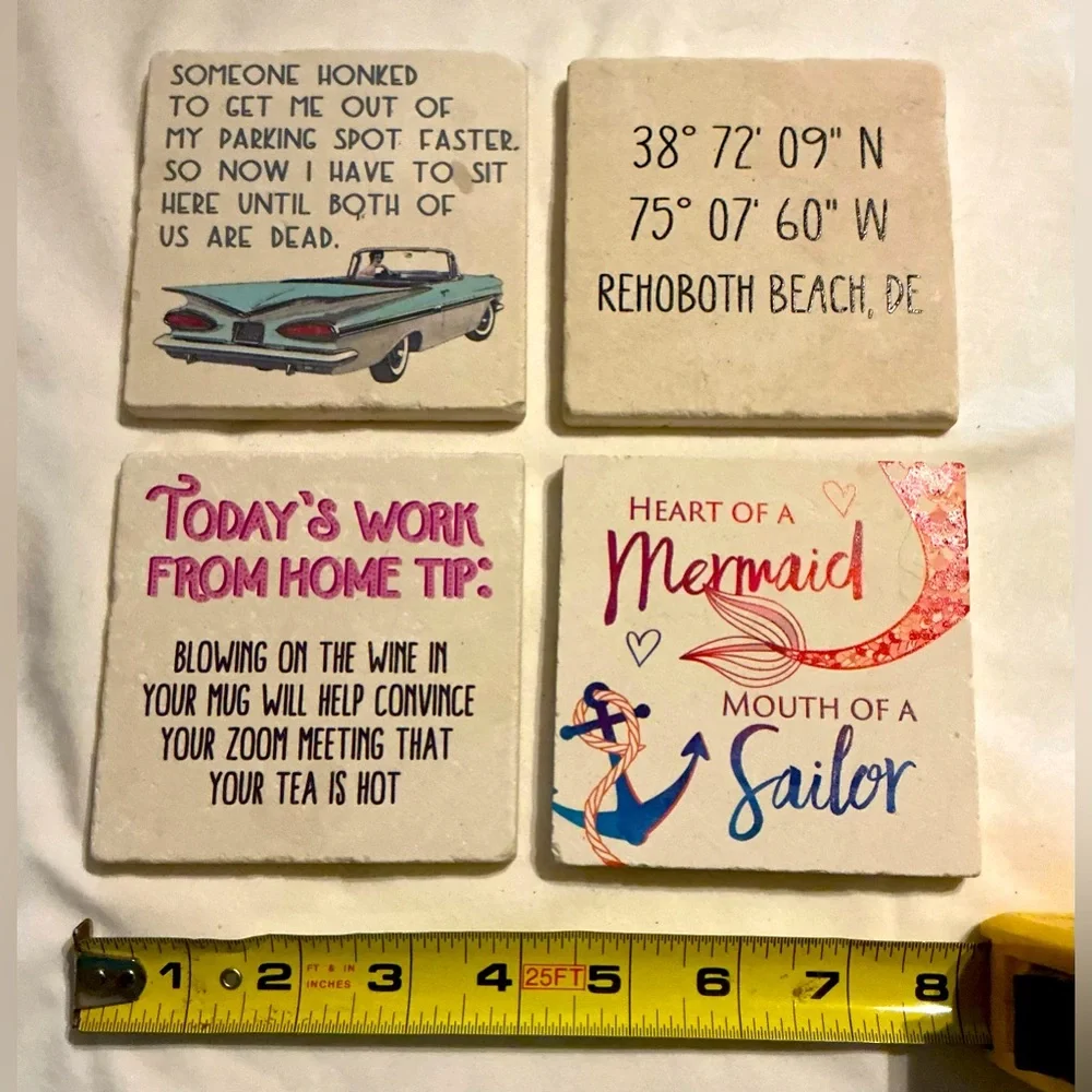 NWOT Set of 4 Decorative Coasters - Coastal & Humorous Designs